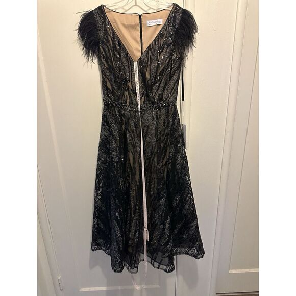 Mac Duggal 79339 Black Sleeveless V-neck Tea Length Cocktail Dress Feather Sz 8 - Picture 2 of 8